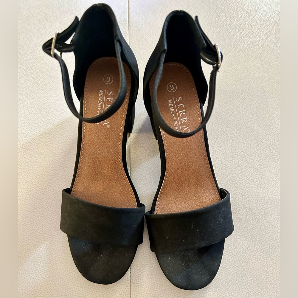 Serra Block Heel Shoes 8 Black Ankle Strap Open Toe Dressy Casual Versatile